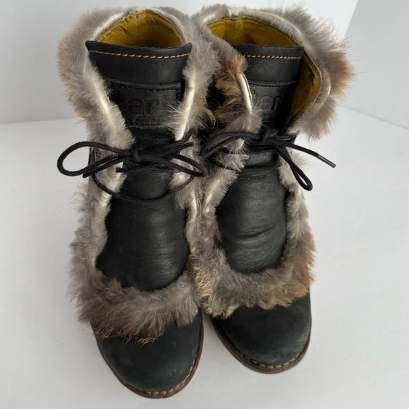 The Art Company Nubuck Leather Lace-Up Ankle Boots Sz 37 US 6.5 Heeled Fur Trim - Picture 5 of 16